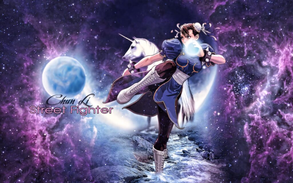 Chun-Li mid-kick digital art with purple nebula cosmic background and unicorn fantasy wallpaper