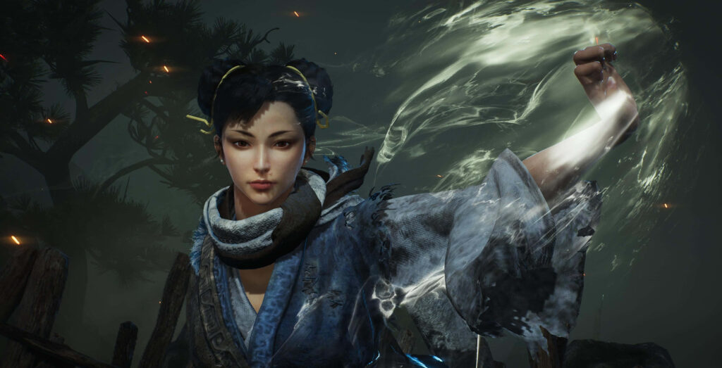 Chun Li powerful strike with swirling energy in blue outfit dark smoky background dynamic action Wallpaper