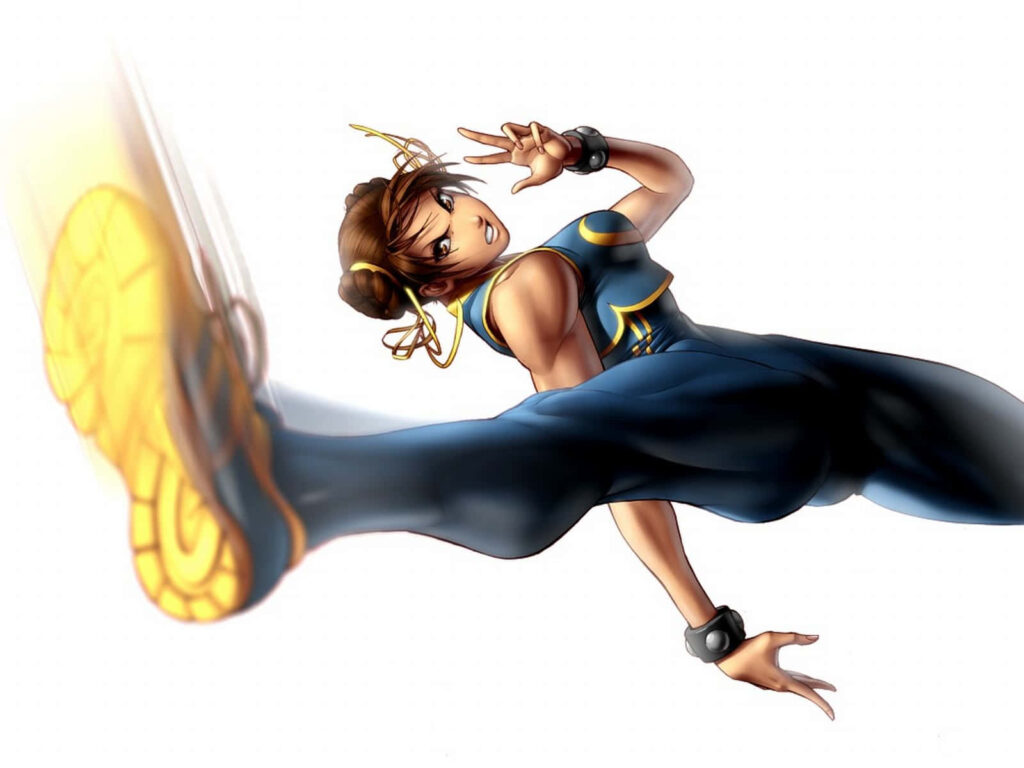 Chun-Li performing Spinning Bird Kick in vibrant anime style with blue and yellow tones wallpaper