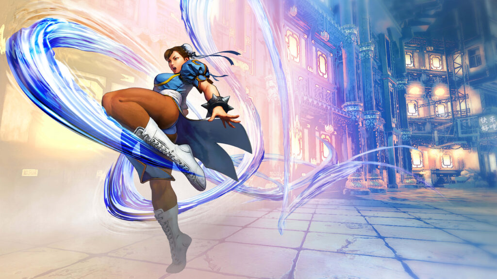 Chun-Li Spinning Bird Kick wallpaper vibrant city blue qipao martial arts energy trails