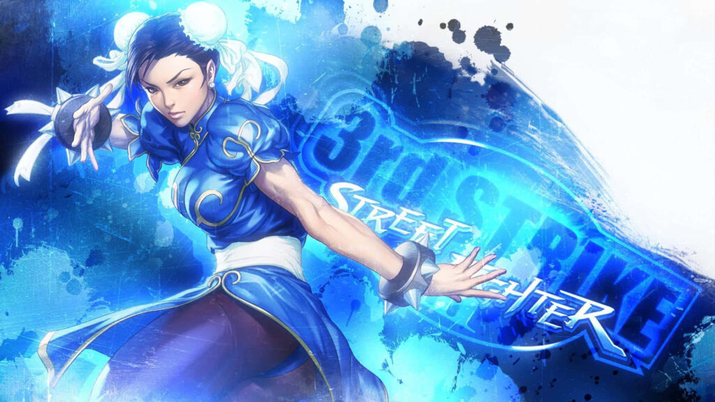 Chun Li Street Fighter 3rd Strike dynamic wallpaper blue tones anime action pose design background