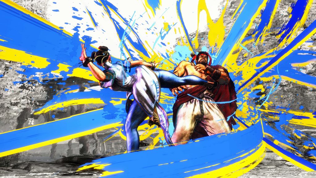 Street Fighter 6 wallpaper Chun-Li powerful kick Ryu vibrant blue yellow ink splashes background