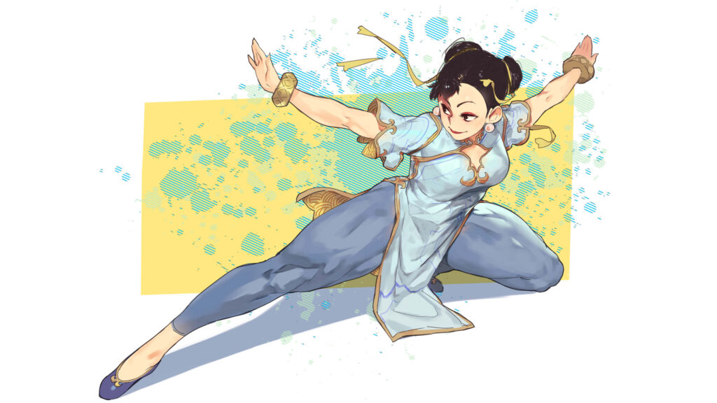 Chun Li Street Fighter dynamic action pose vibrant blue yellow background iconic costume Wallpaper
