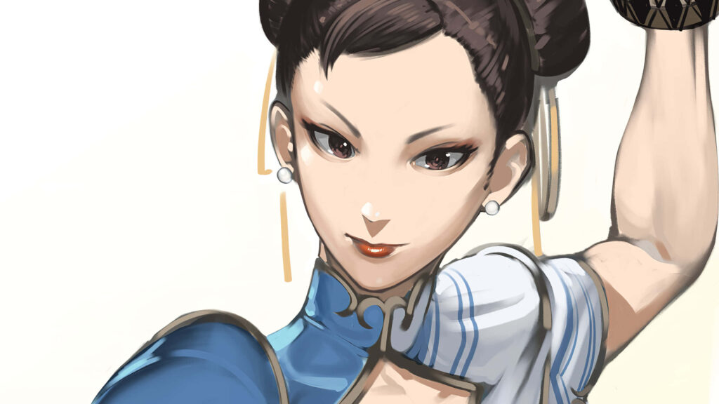 Chun-Li Street Fighter digital art wallpaper showing her strength in iconic blue qipao pose