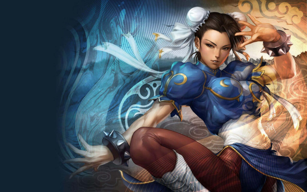 Chun Li Street Fighter wallpaper dynamic pose blue qipao white hair buns martial arts energy