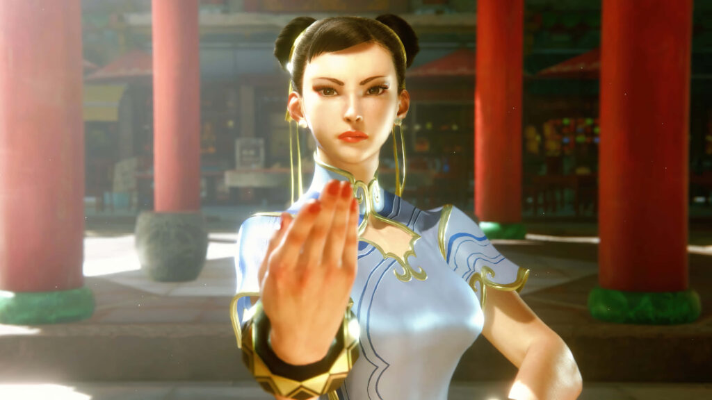 Chun-Li in blue qipao martial arts pose with vibrant temple pillars soft sunlight wallpaper background