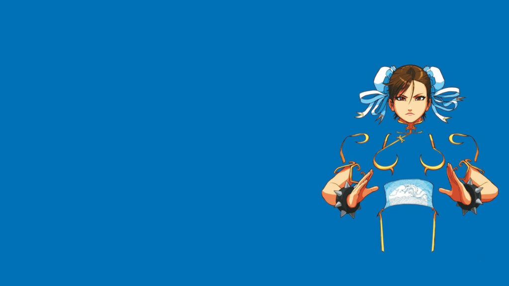 Chun Li in blue qipao striking dynamic pose minimalist anime style solid blue wallpaper background