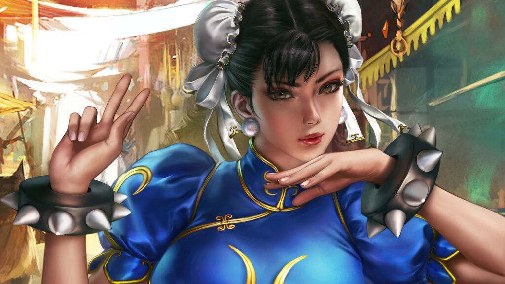 Chun Li Street Fighter wallpaper portrait blue qipao spiked bracelets vibrant street market background