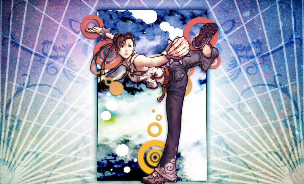 Chun-Li Street Fighter powerful kick with ink splashes and vibrant orange blue abstract background Wallpaper
