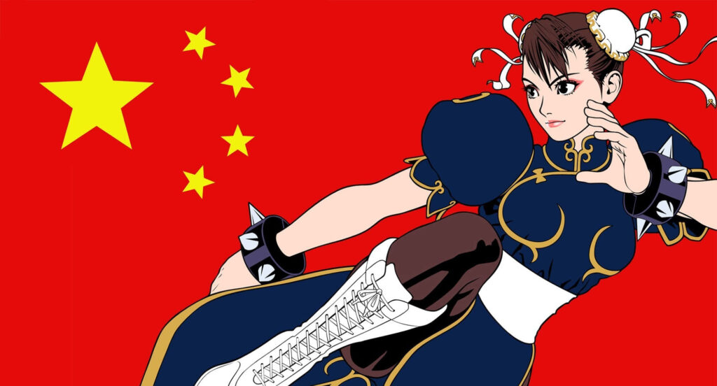 Chun Li Street Fighter wallpaper martial arts pose red background Chinese flag anime style