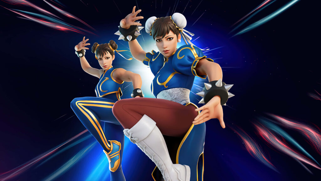 Chun Li in blue qipao striking dynamic pose with spiked bracelets vibrant Street Fighter wallpaper