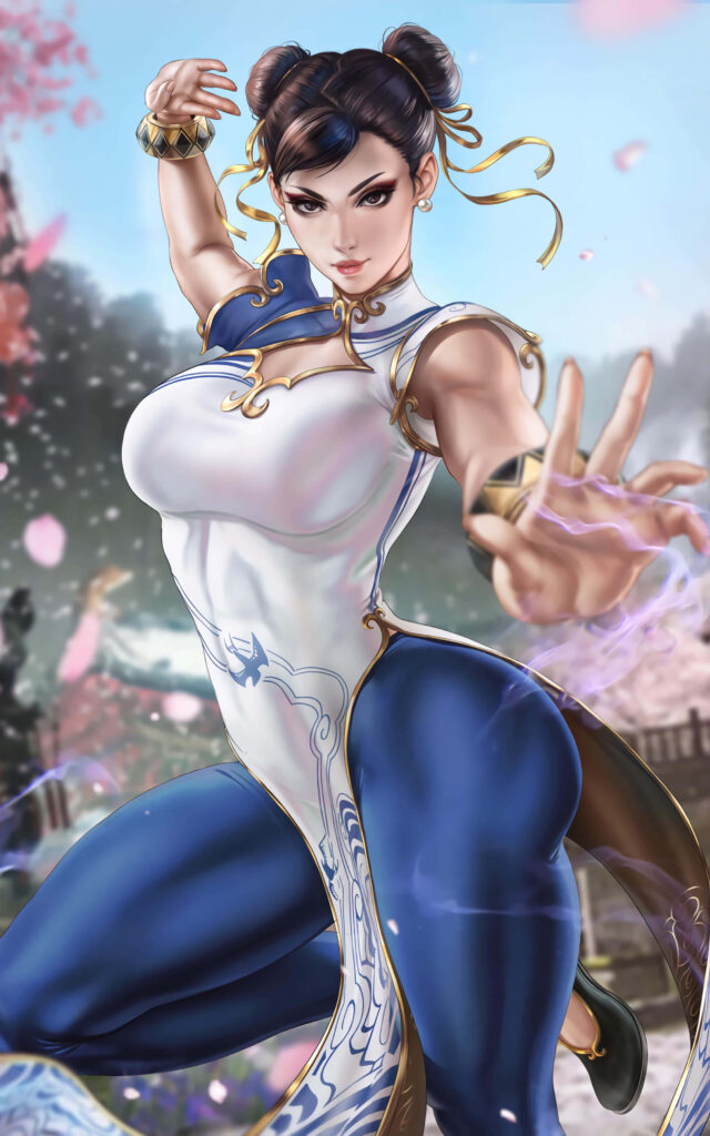 Chun-Li from Street Fighter in dynamic pose with blue outfit and cherry blossoms wallpaper background