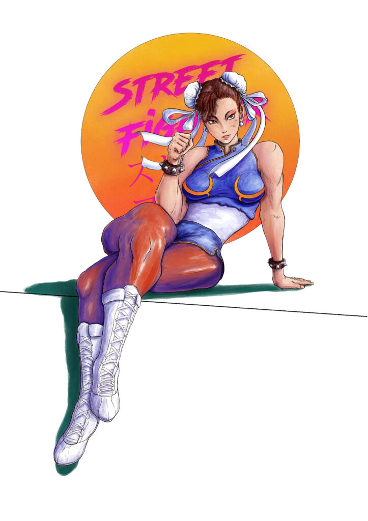 Chun-Li in blue outfit sitting confidently on bold orange pink retro background artwork wallpaper