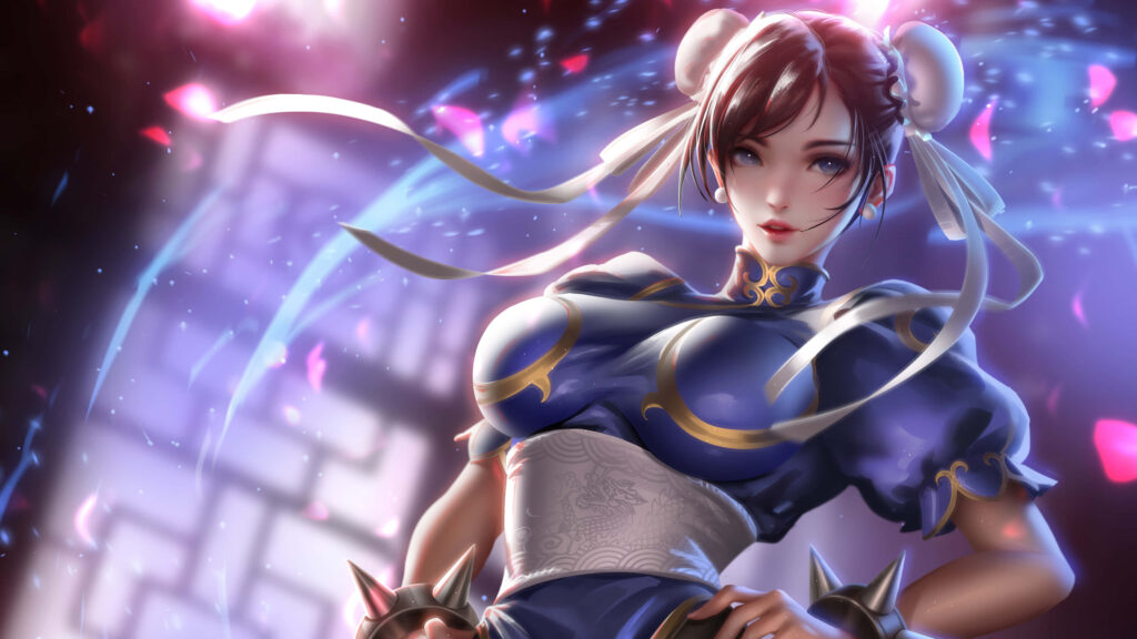 Chun-Li Street Fighter digital wallpaper vibrant blue qipao spiked bracelets dynamic lighting