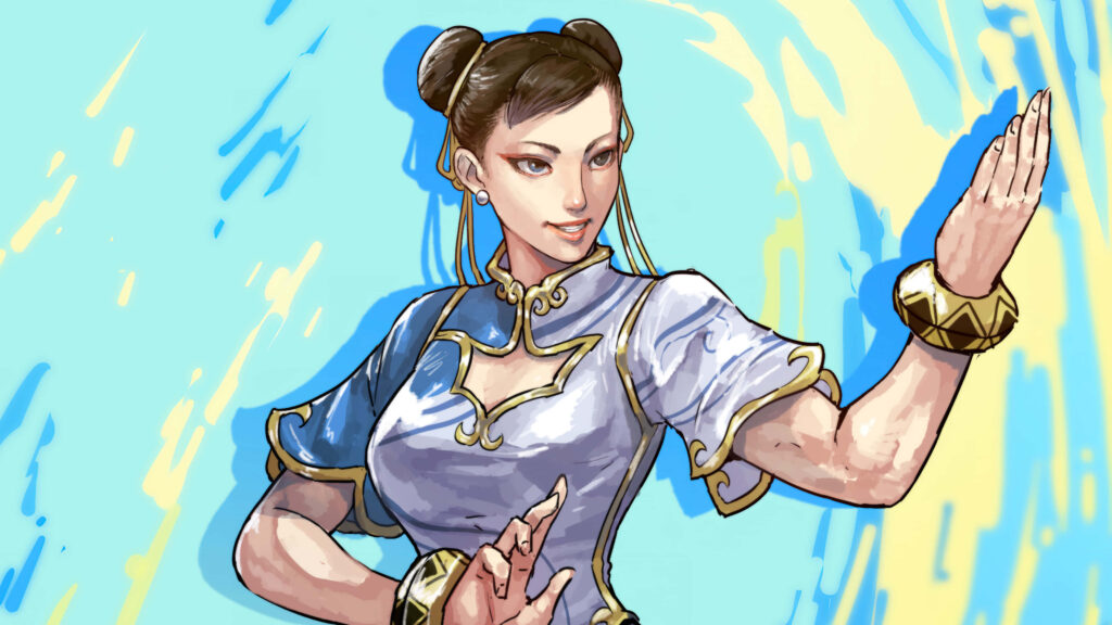 Chun Li Street Fighter in blue qipao striking confident martial arts pose on vibrant background Wallpaper