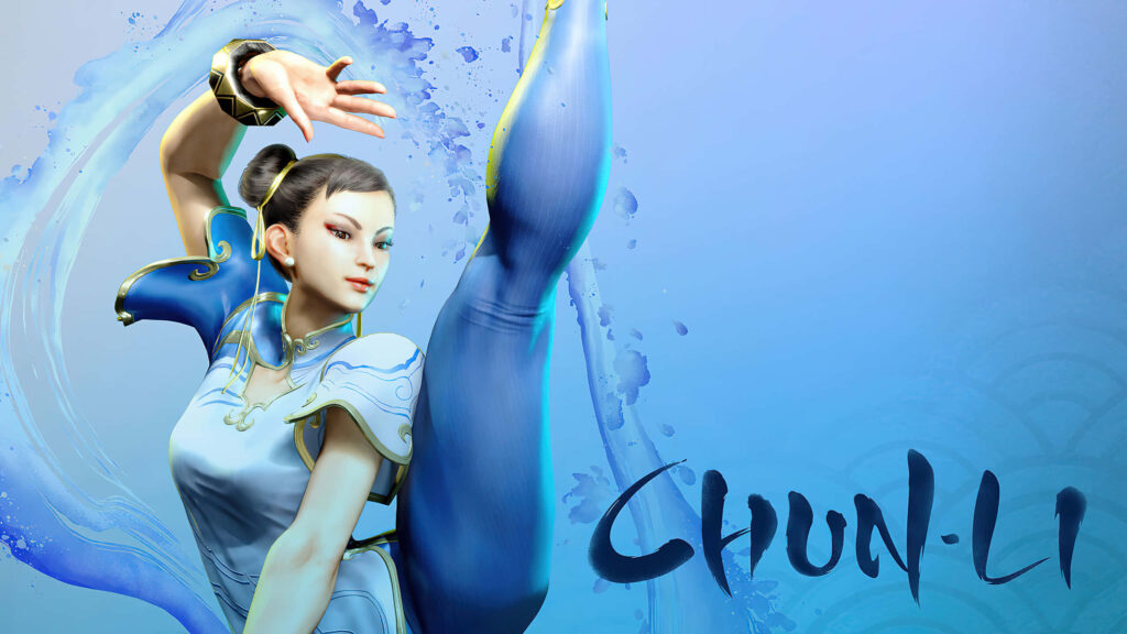 Chun-Li Street Fighter wallpaper dynamic martial arts pose vibrant blue brushstroke background