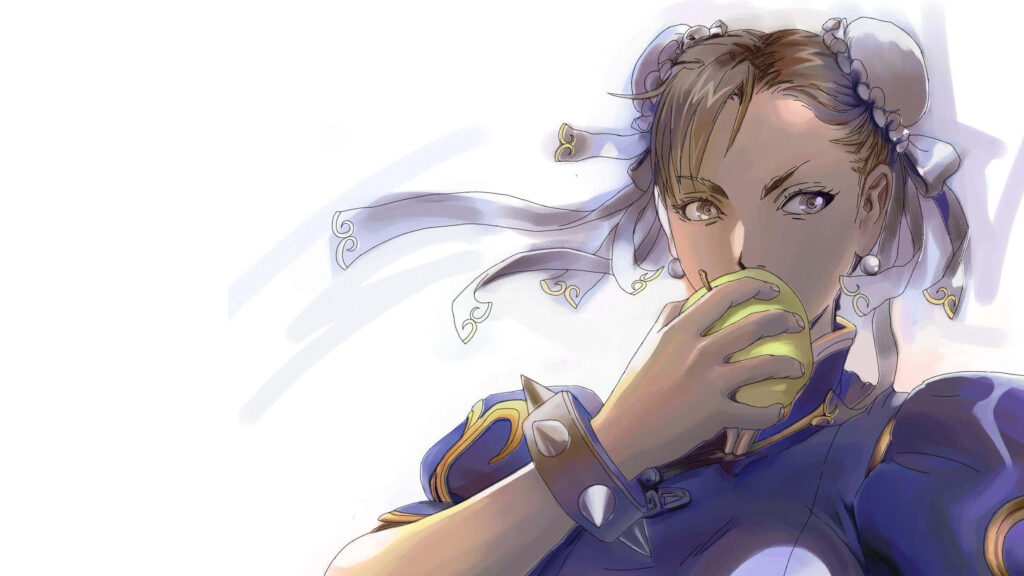 Chun-Li in blue qipao enjoying serene tea time with pastel anime style and delicate brush strokes Wallpaper