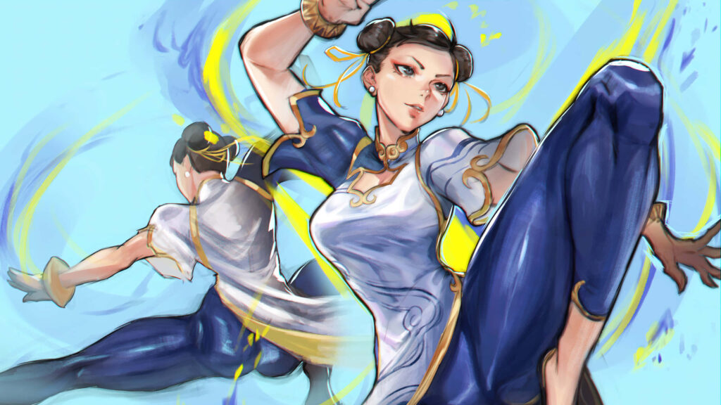 Chun-Li performing high kick with dynamic blue and yellow strokes vibrant Street Fighter wallpaper