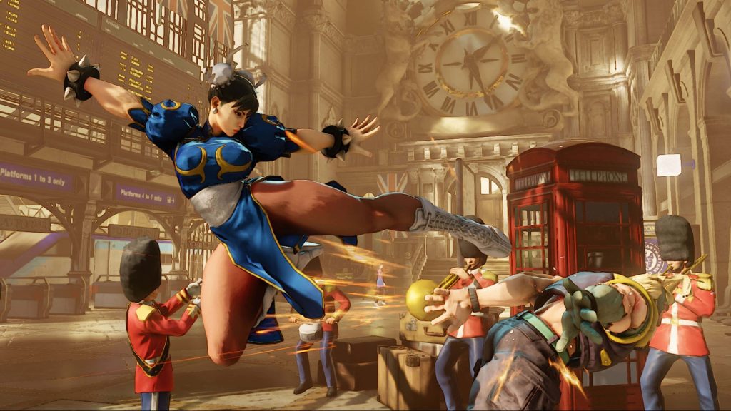 Chun-Li high kick in Street Fighter V London King's Court stage dynamic gaming wallpaper
