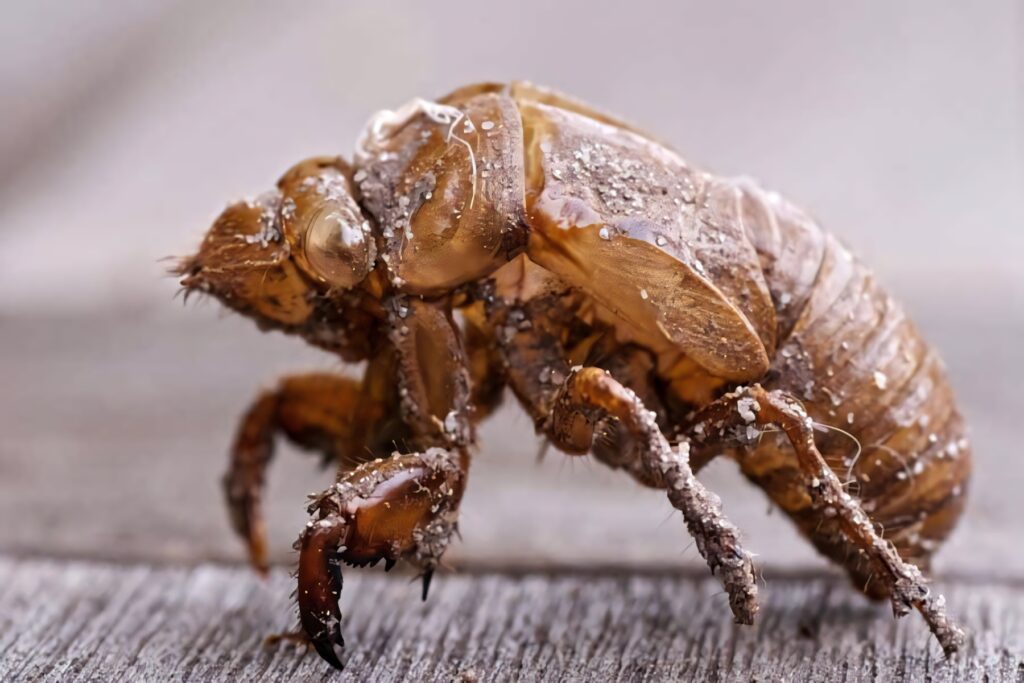 Close-up of cicada nymph exoskeleton with intricate texture and earthy brown tones wallpaper background