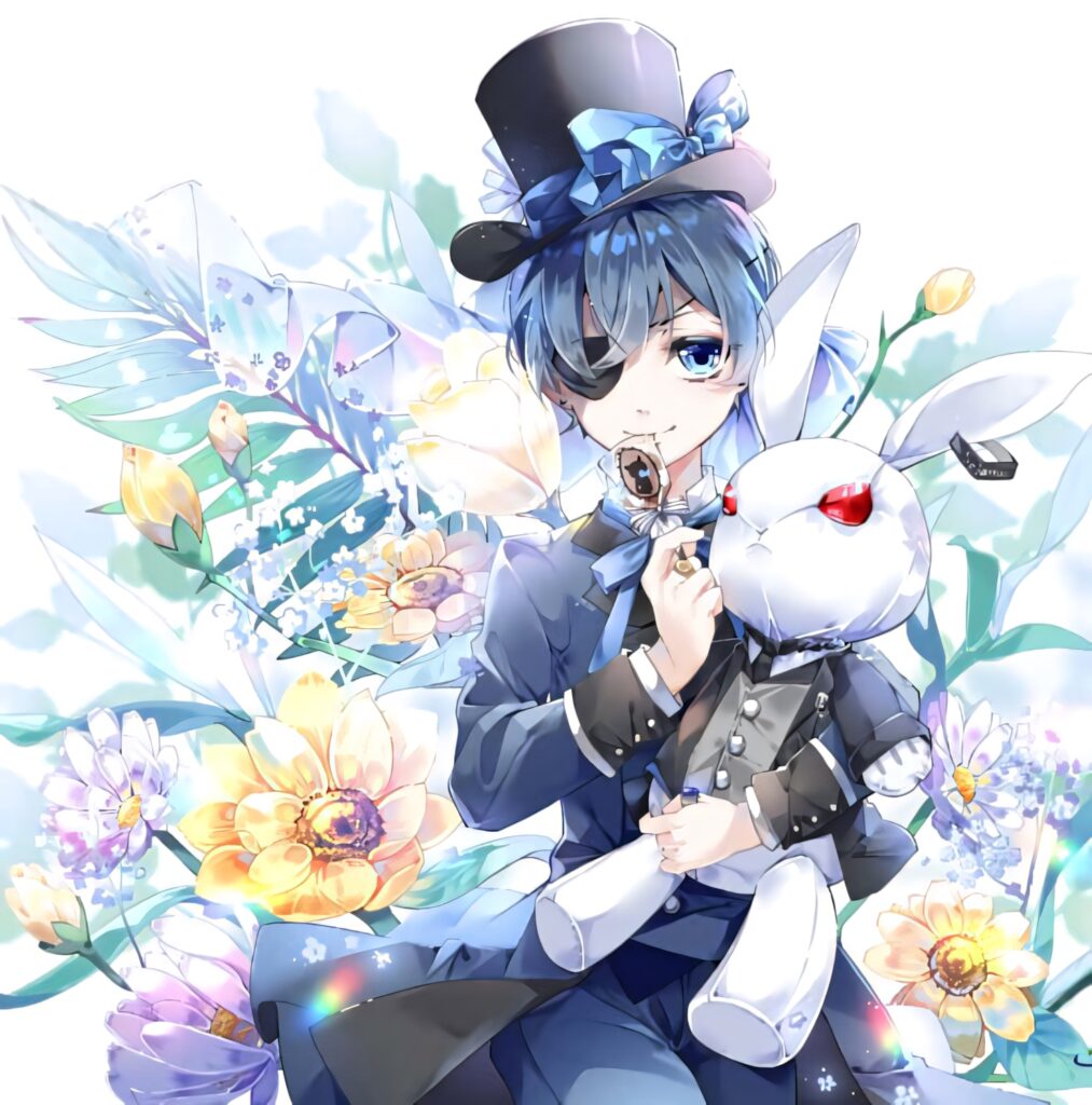 Ciel Phantomhive in elegant anime style with top hat eyepatch holding white rabbit amid pastel flowers Wallpaper
