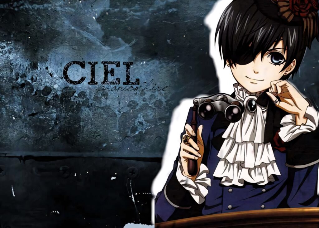 Ciel Phantomhive in elegant ruffled blue and white outfit holding vintage eyeglass anime wallpaper