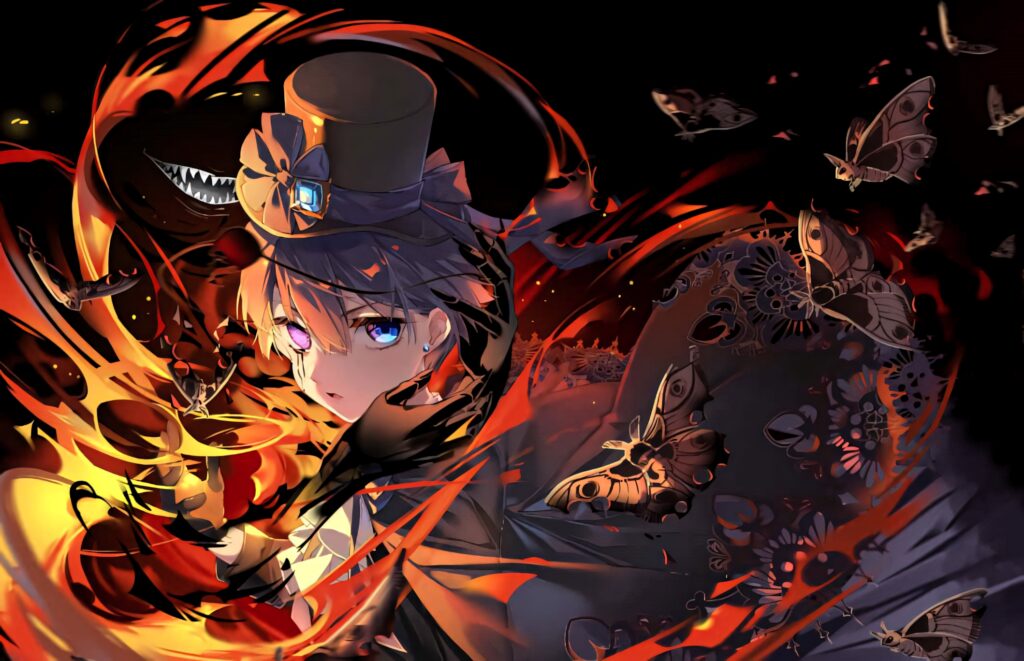 Ciel Phantomhive Victorian anime wallpaper with swirling flames intricate butterflies sharp blue eyes