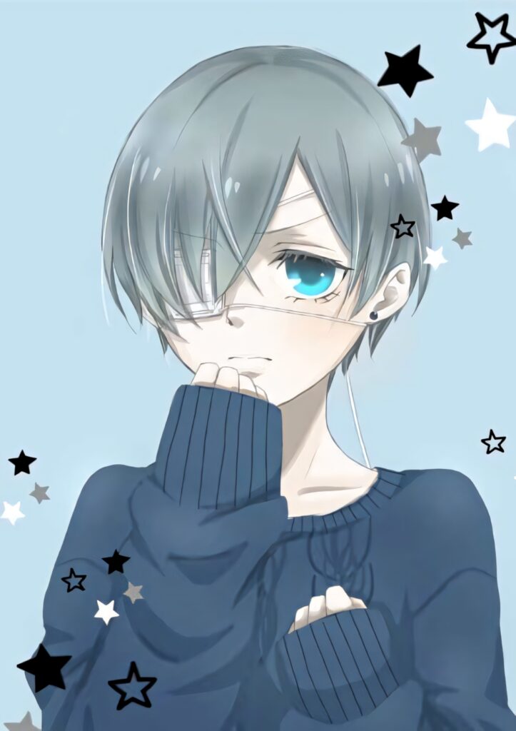 Ciel Phantomhive in navy sweater with turquoise eyes and pastel starry anime wallpaper background