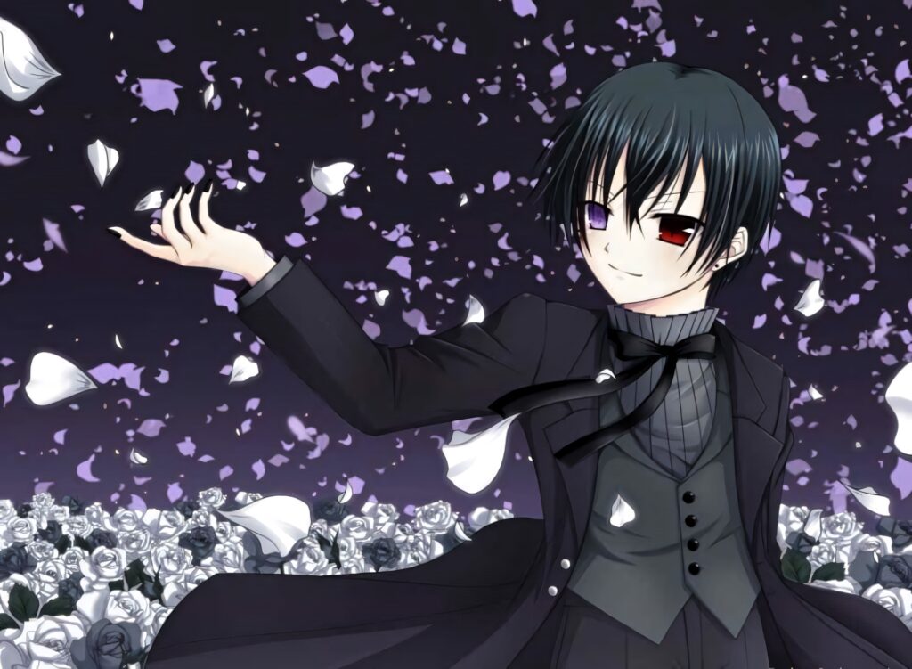 Ciel Phantomhive in black suit surrounded by white roses and purple petals gothic anime wallpaper