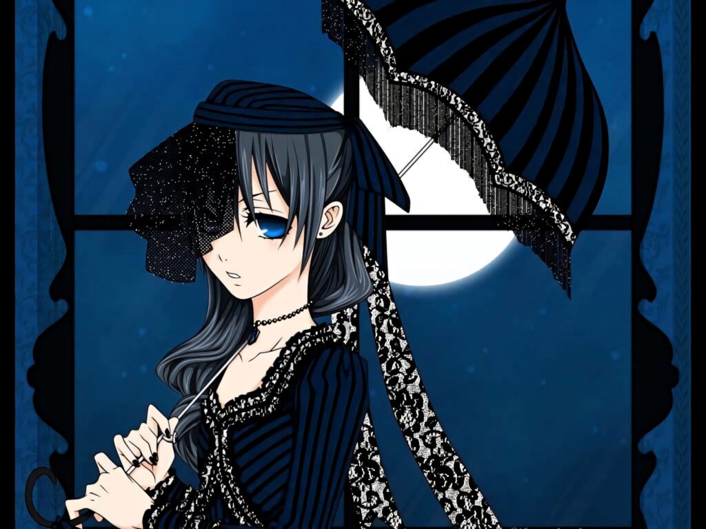 Ciel Phantomhive in elegant black lace dress and veil with blue eyes moonlit Gothic anime wallpaper