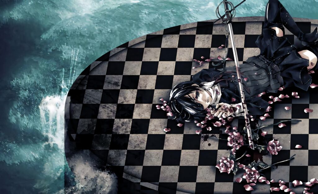 Ciel Phantomhive on black white checkered floor with rose petals ocean backdrop gothic wallpaper