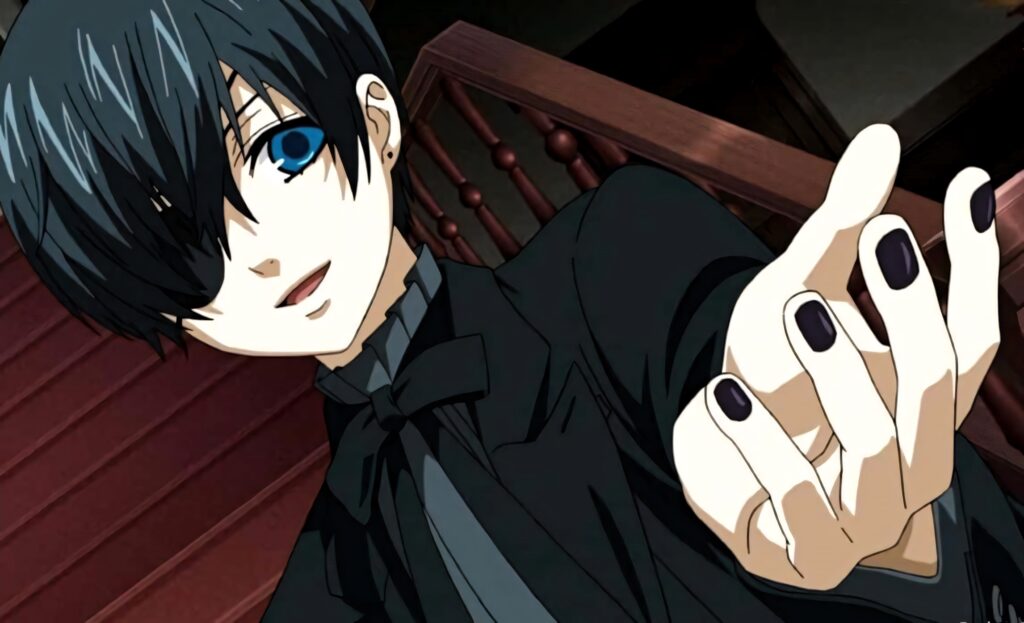 Ciel Phantomhive in Gothic Victorian interior with blue eye dark attire dramatic lighting wallpaper