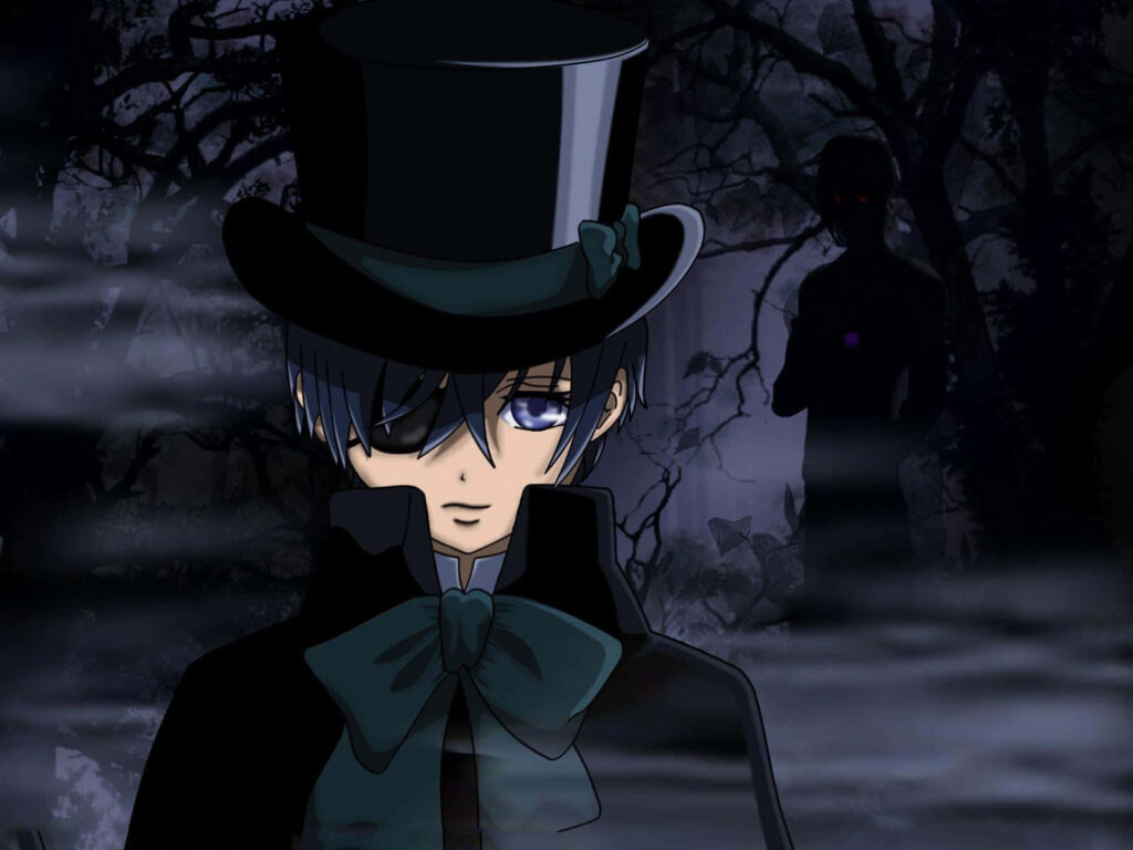 Ciel Phantomhive in black suit and top hat with blue eye in misty moonlit forest wallpaper background