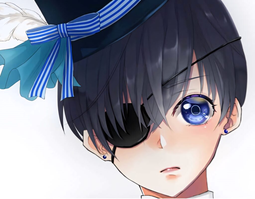 Ciel Phantomhive anime wallpaper intense gaze blue eyepatch detailed hat vibrant tones