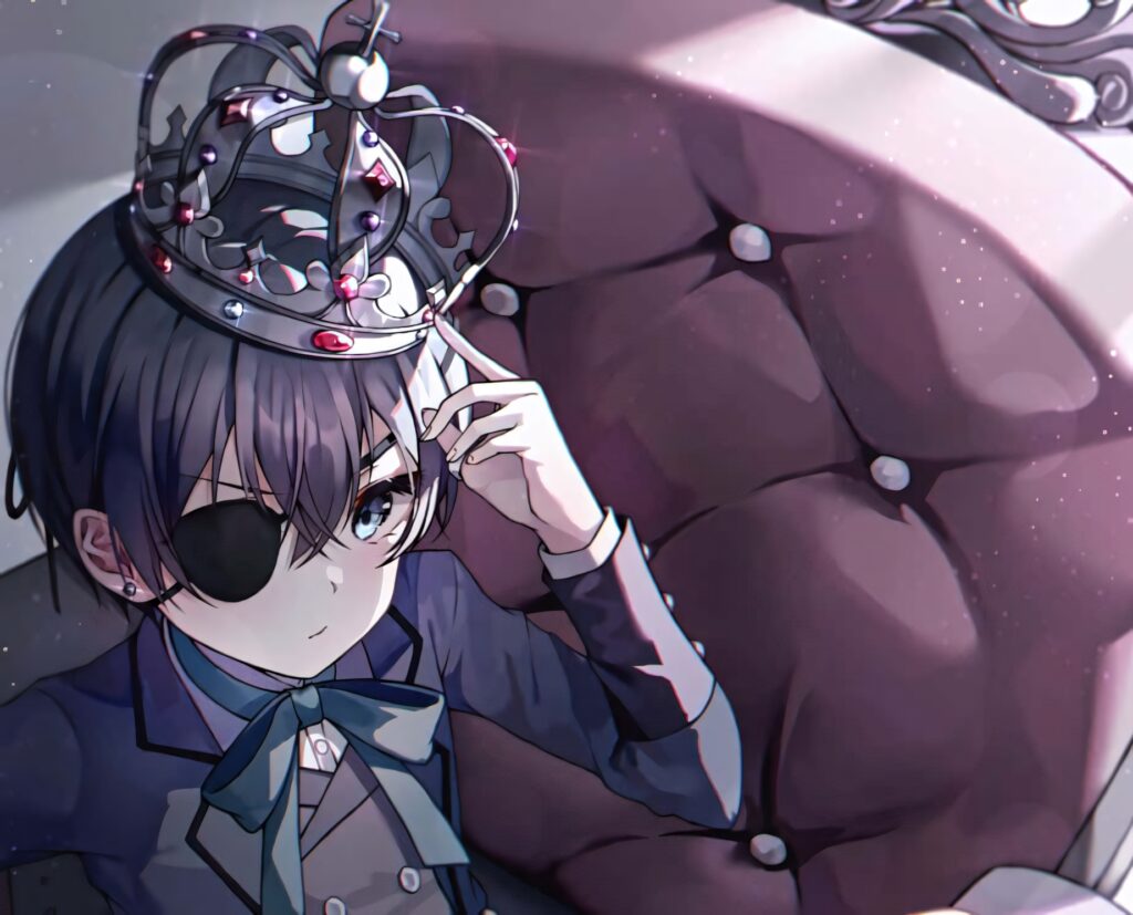 Ciel Phantomhive in elegant suit and jeweled crown sitting on plush chair anime wallpaper background
