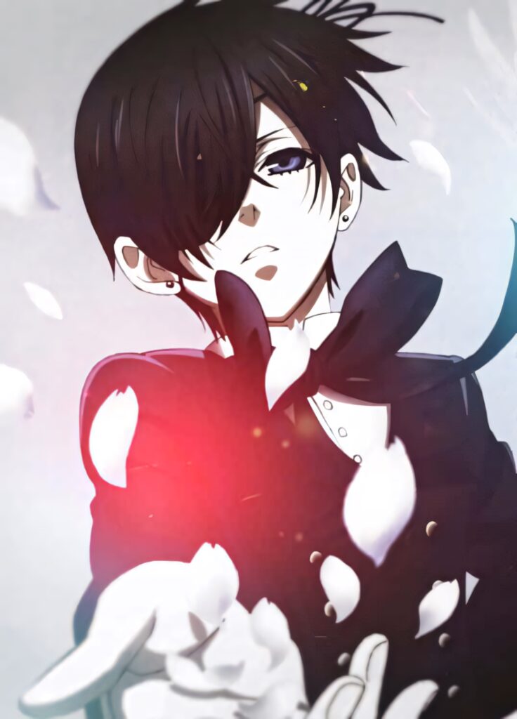 Ciel Phantomhive in Victorian attire with bow tie surrounded by swirling white petals anime wallpaper