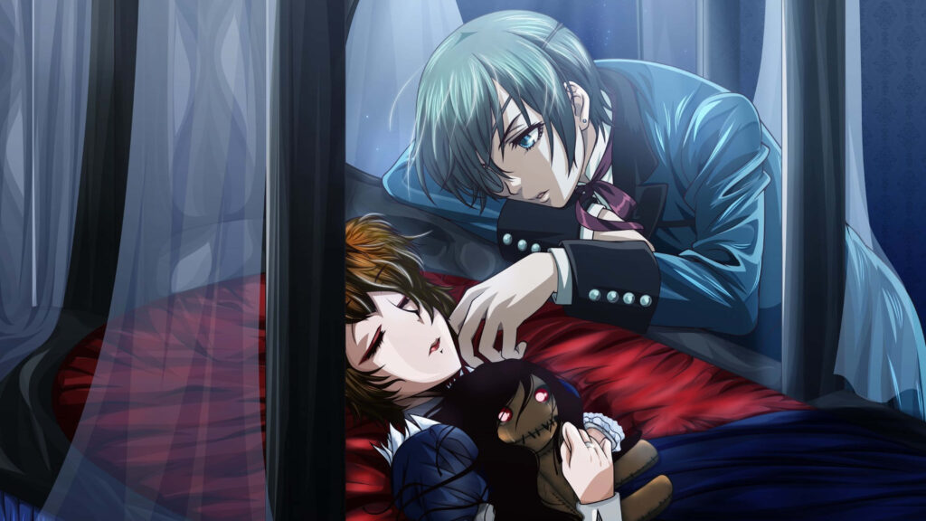 Ciel Phantomhive watches over doll on red black bed moonlight Victorian elegance wallpaper background