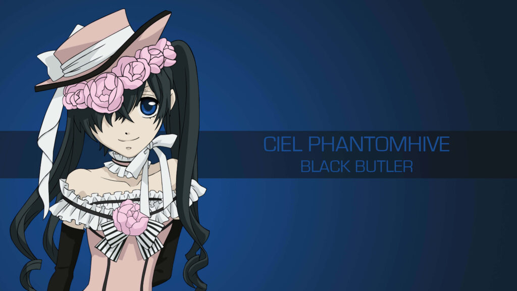 Ciel Phantomhive in Victorian outfit with pink roses on deep blue background anime wallpaper