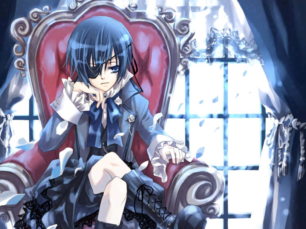 Ciel Phantomhive in Victorian attire on red velvet throne with blue floral wallpaper background