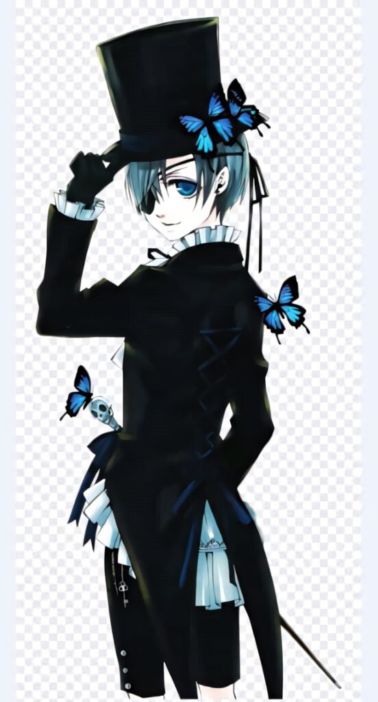 Ciel Phantomhive in black Victorian outfit with blue butterflies and top hat anime action wallpaper