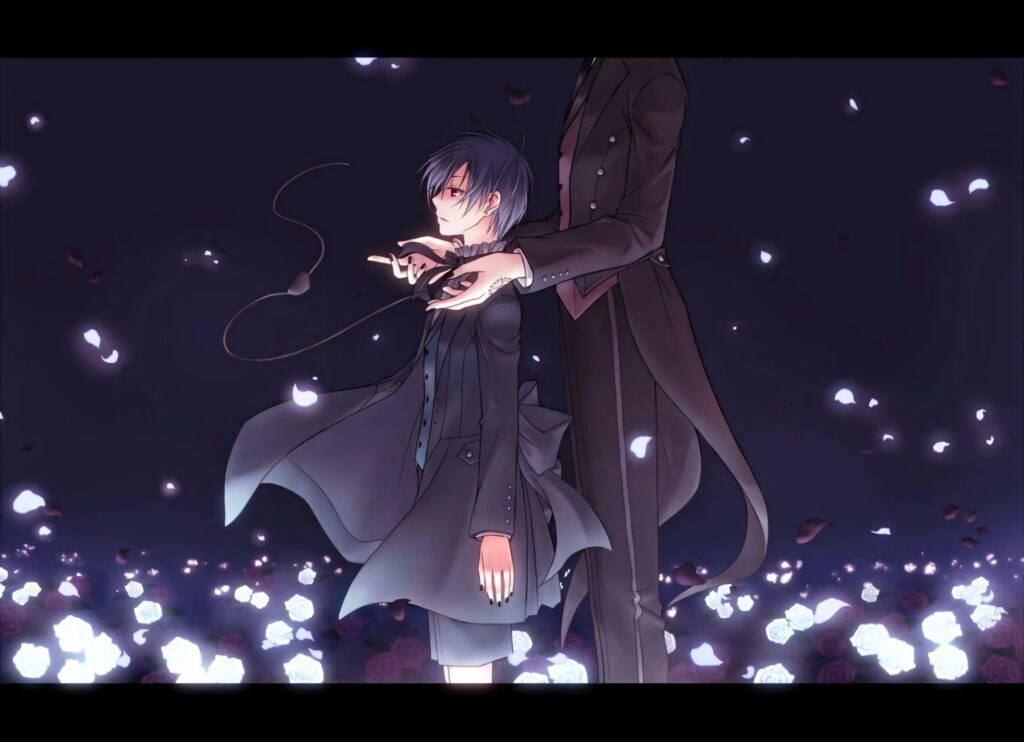 Ciel Phantomhive portrait with glowing white roses and Sebastian in dark elegant anime background Wallpaper