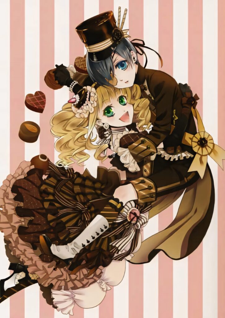 Ciel Phantomhive and Elizabeth Midford Victorian outfits pink striped background playful embrace wallpaper