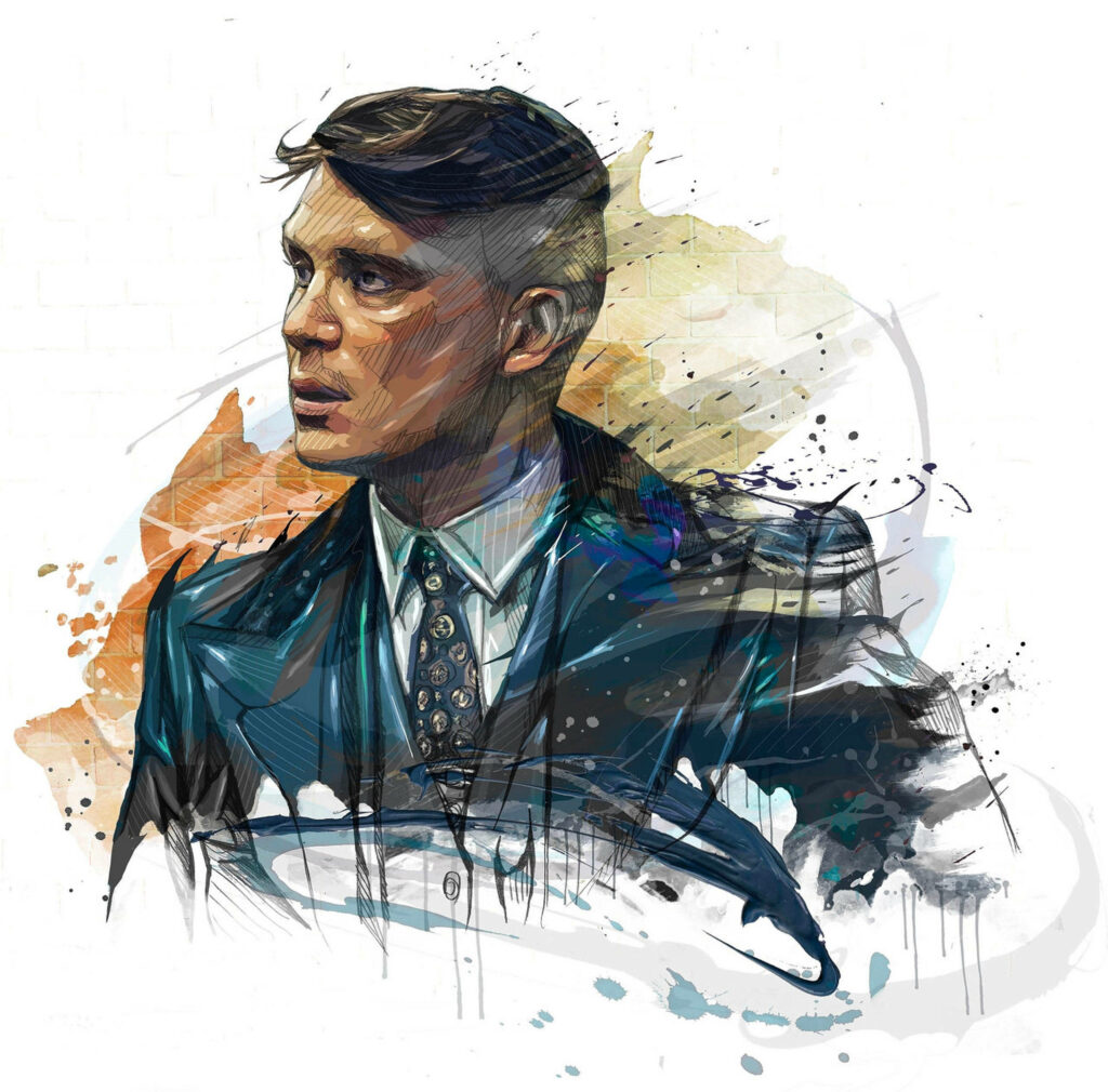 Abstract art portrait of Cillian Murphy with dynamic brush strokes and colorful splashes wallpaper