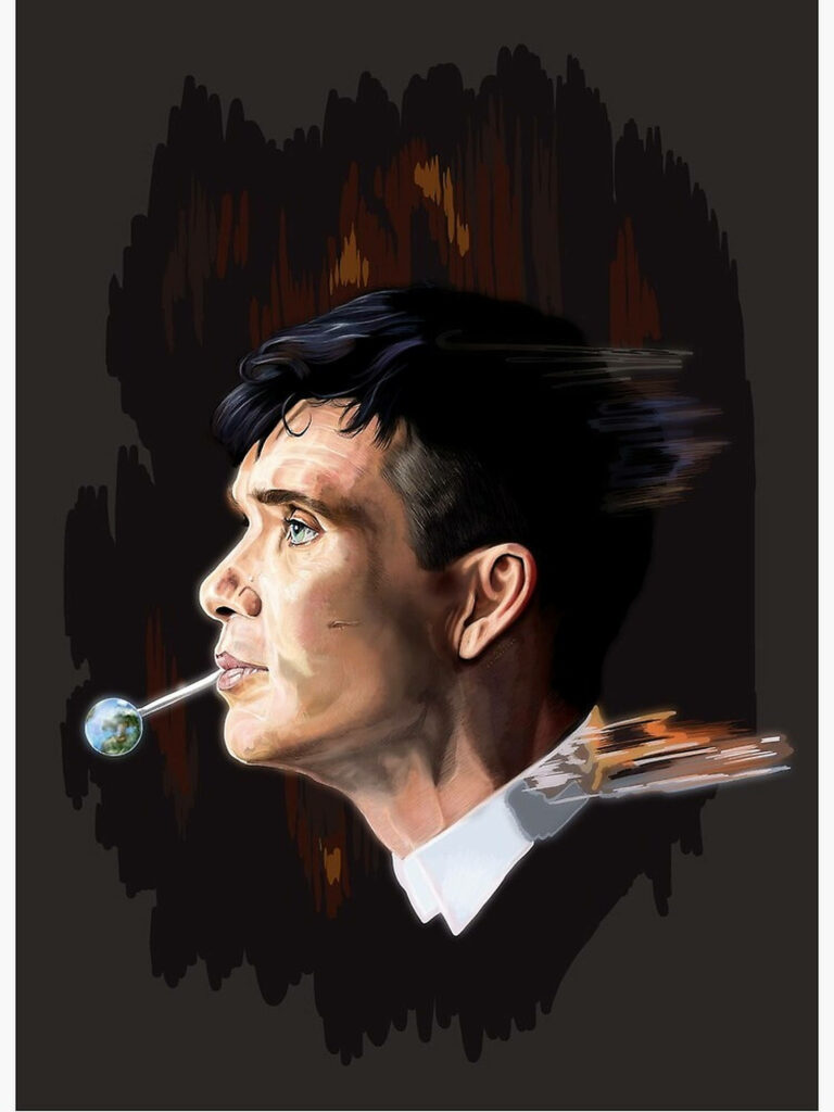 Digital illustration of Cillian Murphy side profile with globe cigarette on dark dramatic background Wallpaper