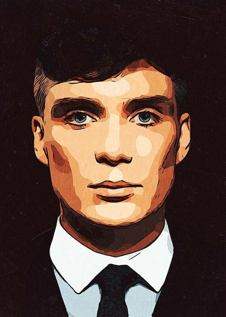 Digital portrait of Cillian Murphy with bold colors and intense expression on dark background Wallpaper