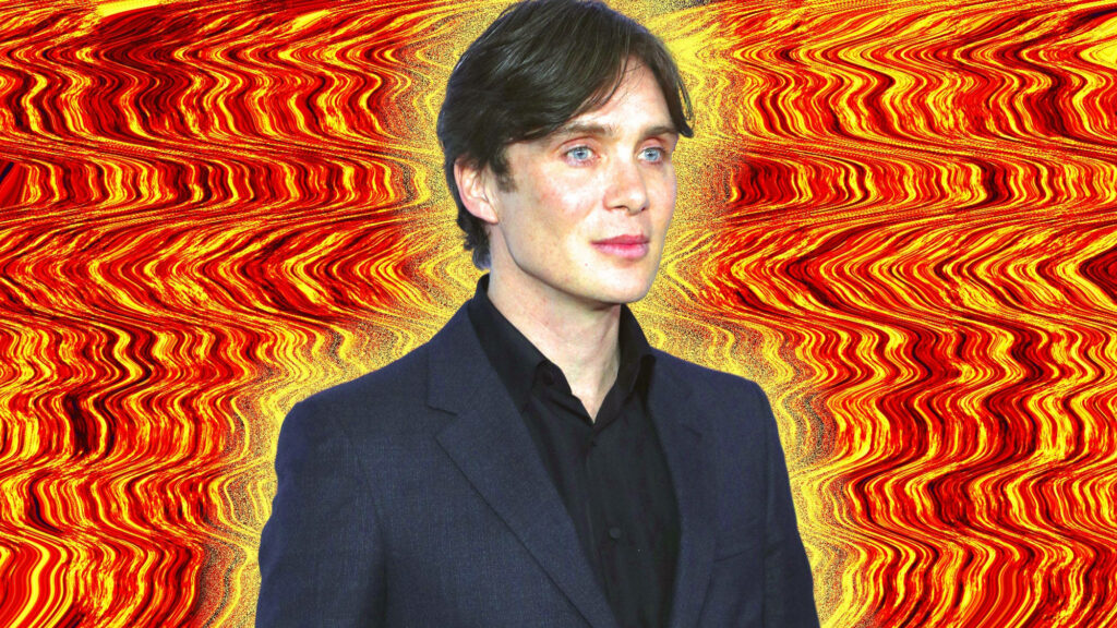 Cillian Murphy confident pose vibrant orange abstract art background dynamic wallpaper design