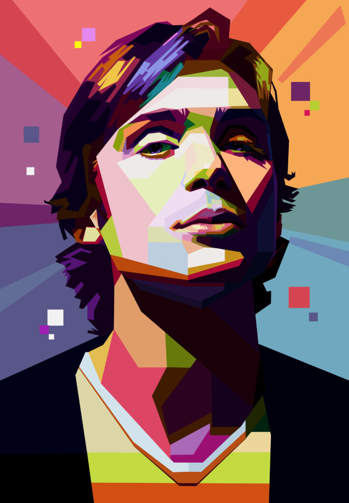 Vibrant polygonal art portrait of Cillian Murphy with bold colors and geometric shapes wallpaper