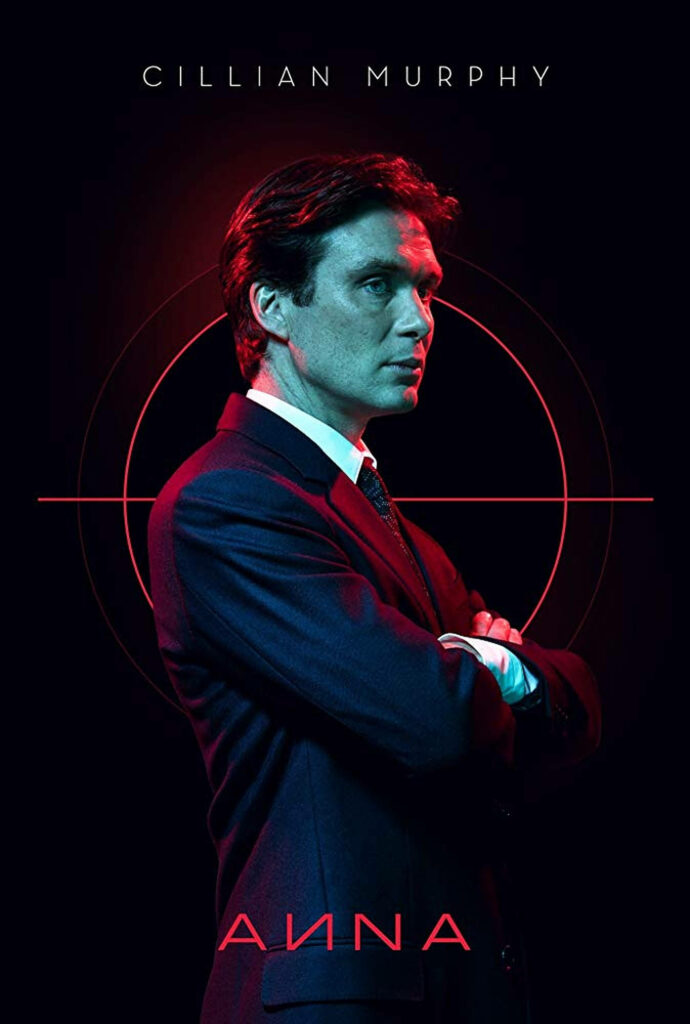 Cillian Murphy in sharp suit against red blue target backdrop promoting Anna movie wallpaper