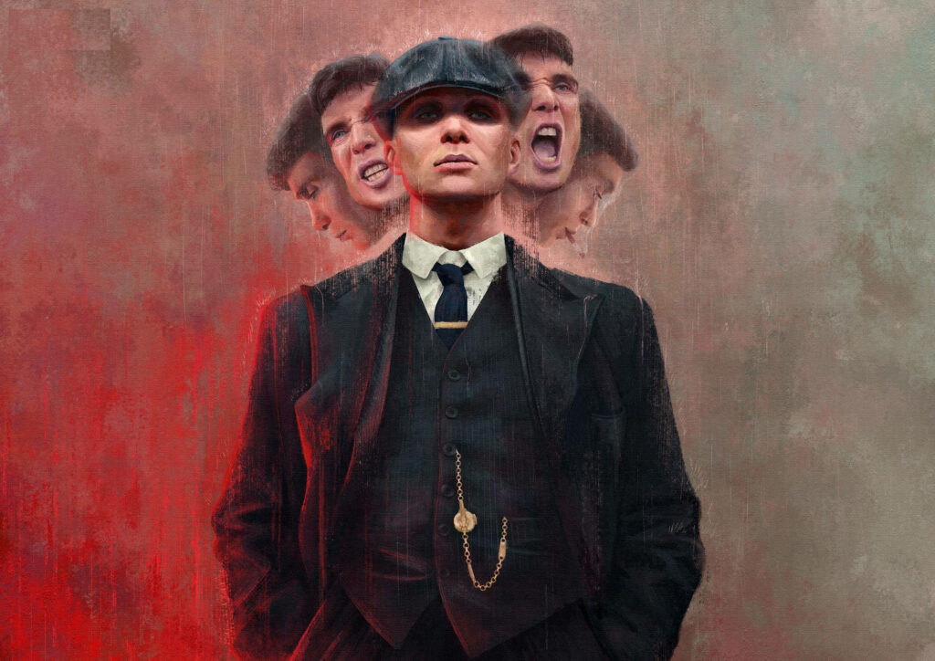 Cillian Murphy as Thomas Shelby Peaky Blinders suit flat cap dramatic intense mood collage wallpaper