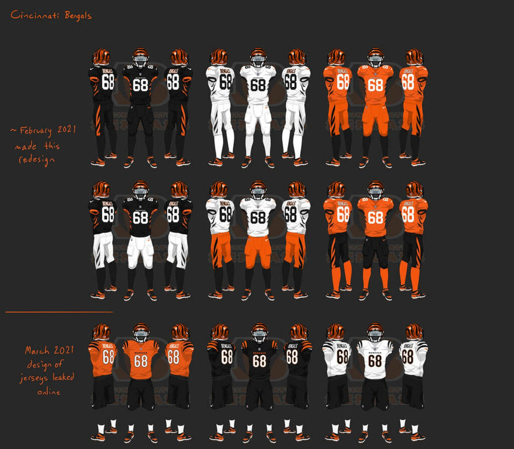 Cincinnati Bengals uniforms lineup wallpaper with bold orange black stripes and tiger patterns